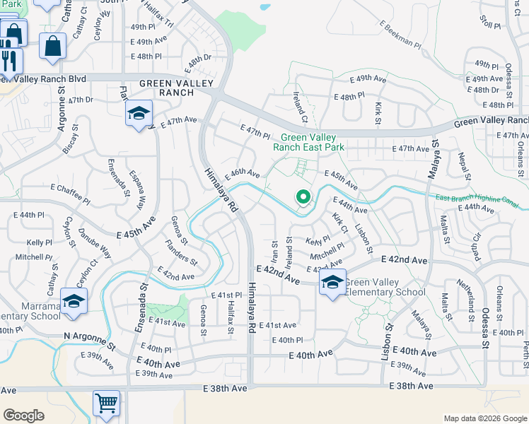 map of restaurants, bars, coffee shops, grocery stores, and more near 20181 East 43rd Place in Denver