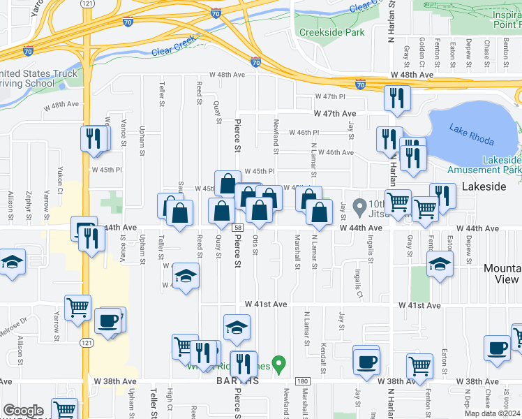 map of restaurants, bars, coffee shops, grocery stores, and more near 6672 West 44th Place in Wheat Ridge