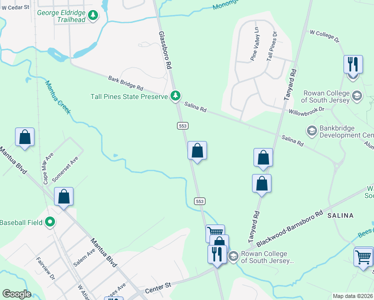 map of restaurants, bars, coffee shops, grocery stores, and more near 1755 Glassboro Road in Deptford
