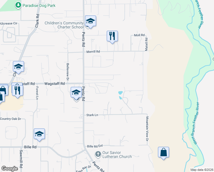 map of restaurants, bars, coffee shops, grocery stores, and more near 1787 Whitaker Road in Paradise