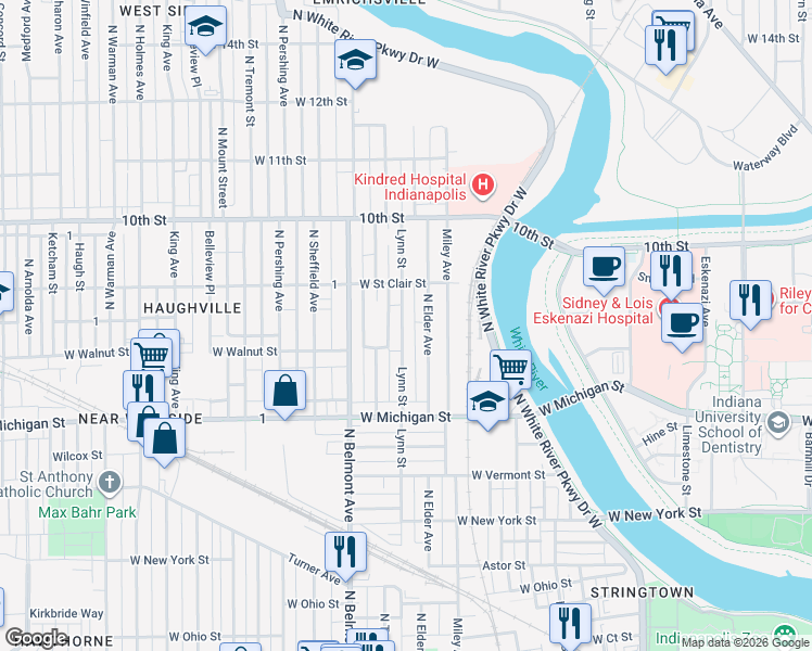 map of restaurants, bars, coffee shops, grocery stores, and more near 705 Lynn Street in Indianapolis