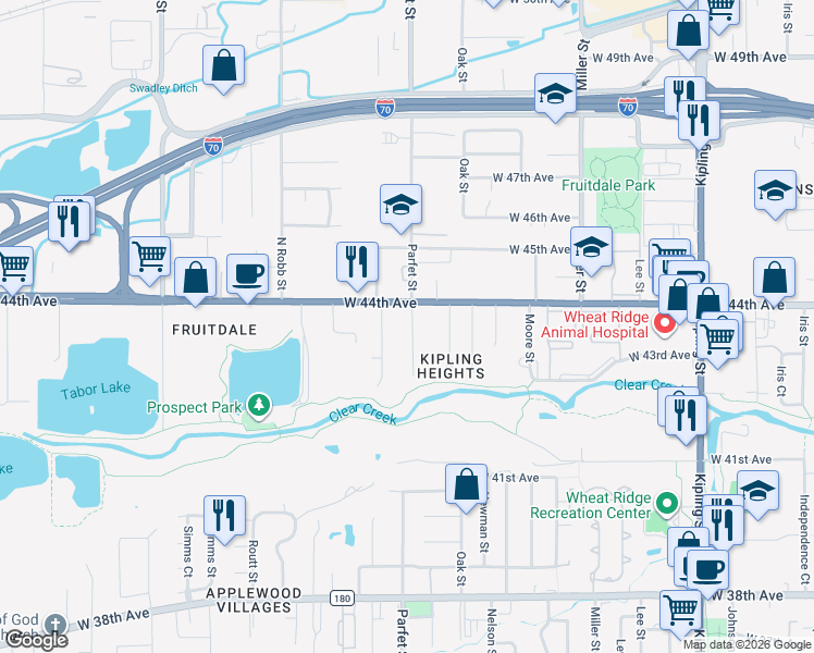 map of restaurants, bars, coffee shops, grocery stores, and more near 4351 Parfet Street in Wheat Ridge