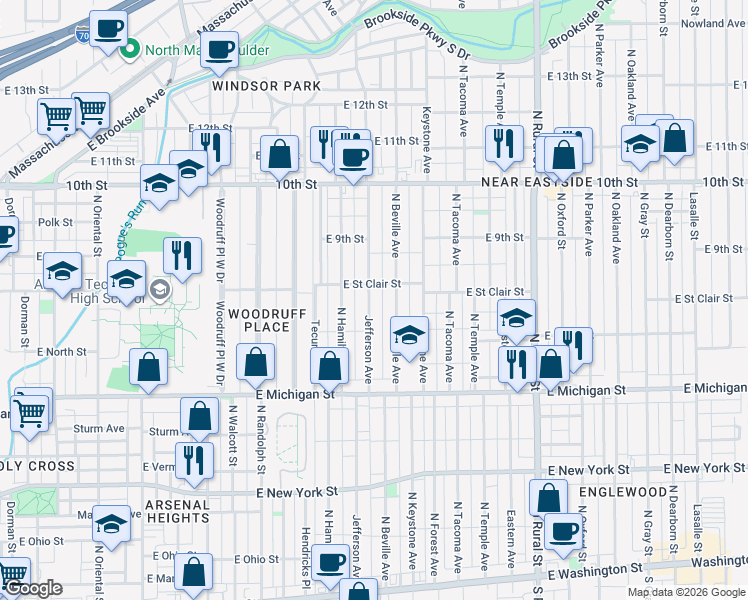 map of restaurants, bars, coffee shops, grocery stores, and more near 620 Jefferson Avenue in Indianapolis