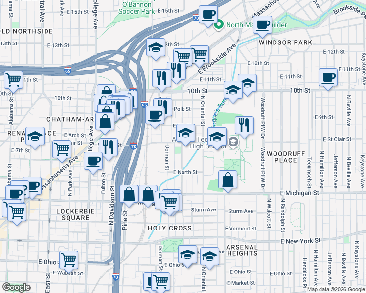 map of restaurants, bars, coffee shops, grocery stores, and more near 1203 East Saint Clair Street in Indianapolis