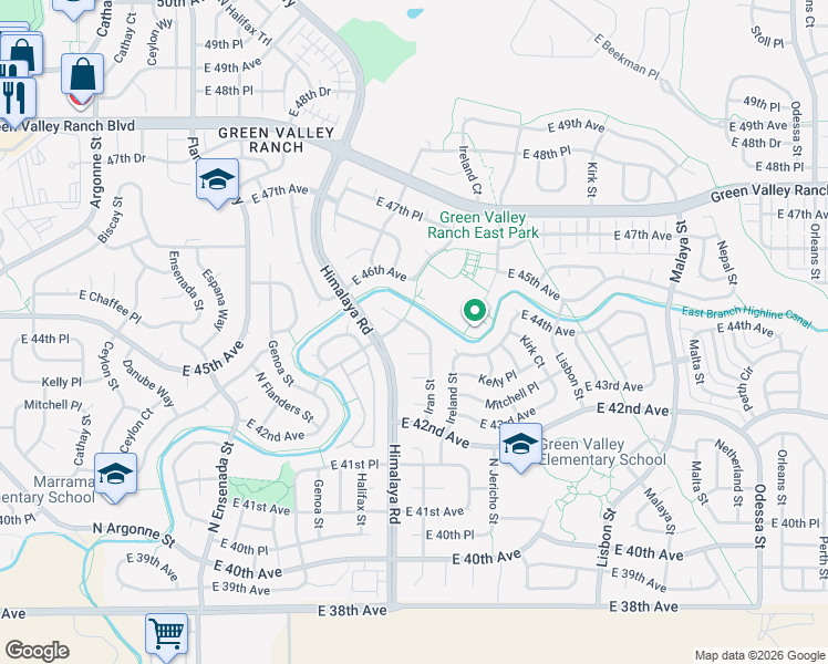 map of restaurants, bars, coffee shops, grocery stores, and more near 20181 East 43rd Place in Denver