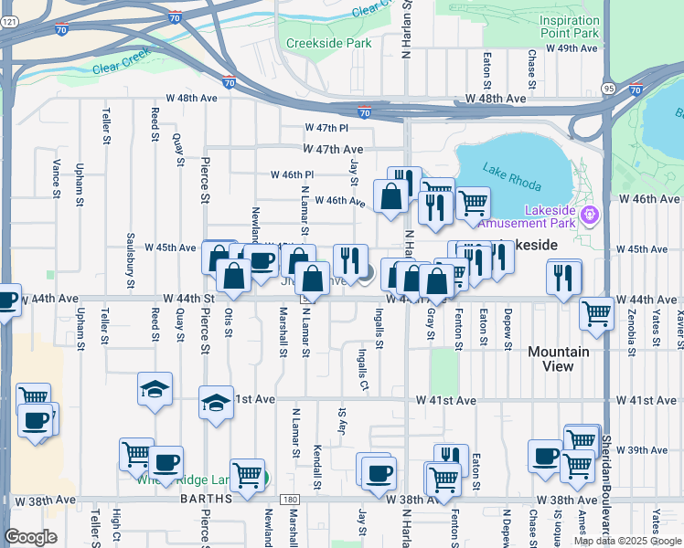 map of restaurants, bars, coffee shops, grocery stores, and more near 6205 West 44th Avenue in Wheat Ridge