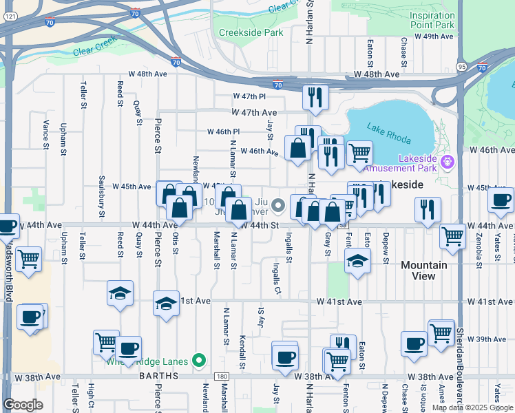 map of restaurants, bars, coffee shops, grocery stores, and more near 6205 West 44th Avenue in Wheat Ridge