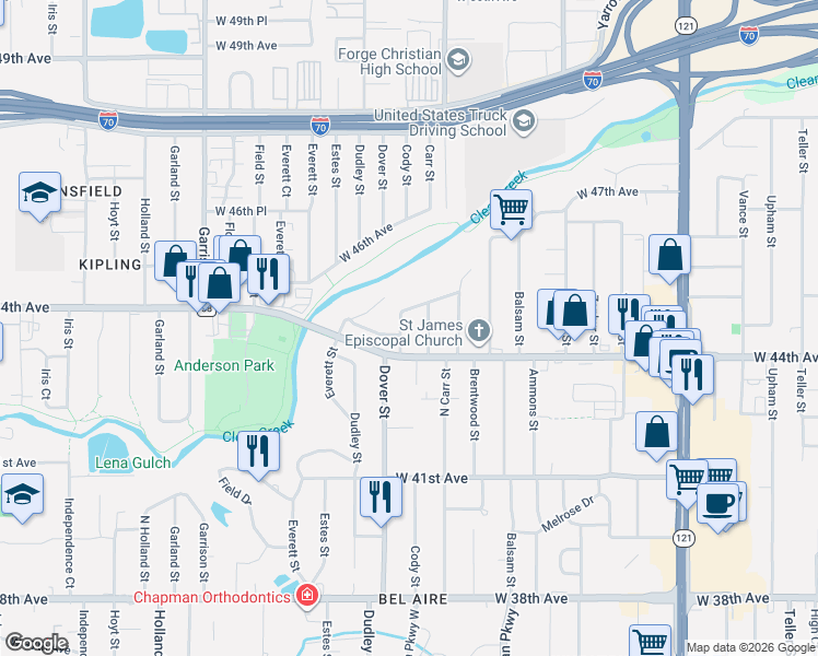 map of restaurants, bars, coffee shops, grocery stores, and more near 4405 Cody Street in Wheat Ridge