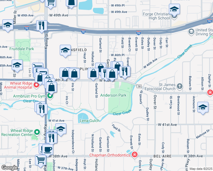 map of restaurants, bars, coffee shops, grocery stores, and more near 4358 Garrison Street in Wheat Ridge