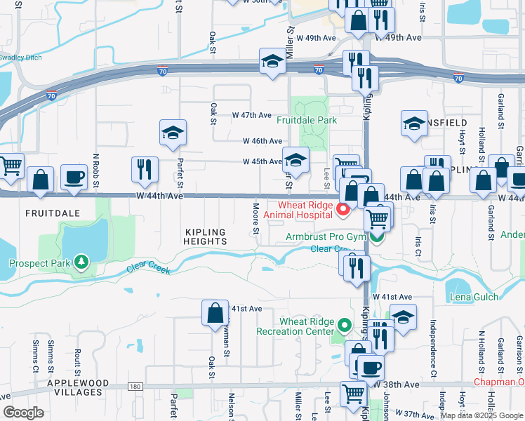 map of restaurants, bars, coffee shops, grocery stores, and more near 10450 West 44th Avenue in Wheat Ridge