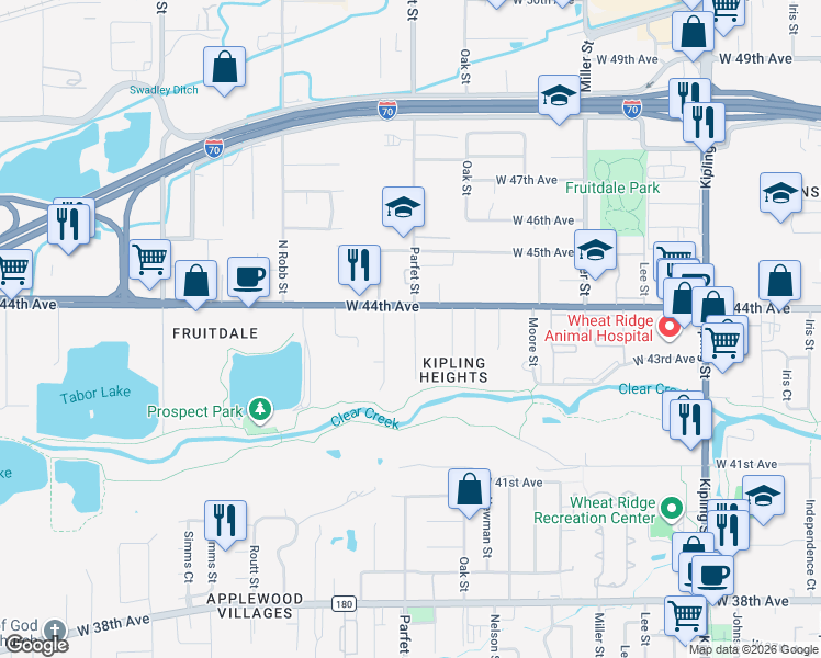 map of restaurants, bars, coffee shops, grocery stores, and more near 4351 Parfet Street in Wheat Ridge