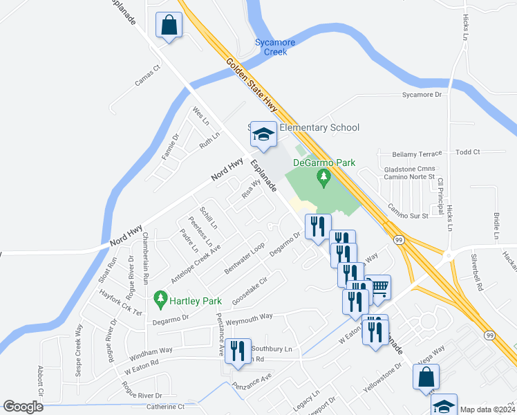 map of restaurants, bars, coffee shops, grocery stores, and more near 3349 Bodero Lane in Chico