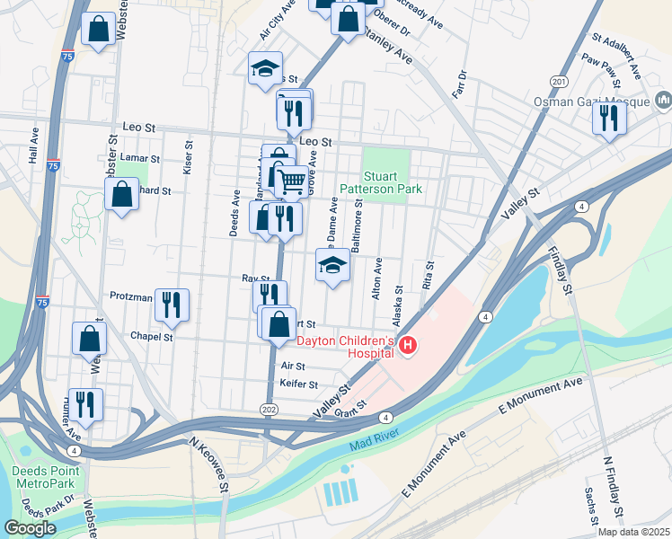 map of restaurants, bars, coffee shops, grocery stores, and more near 59 Baltimore Street in Dayton
