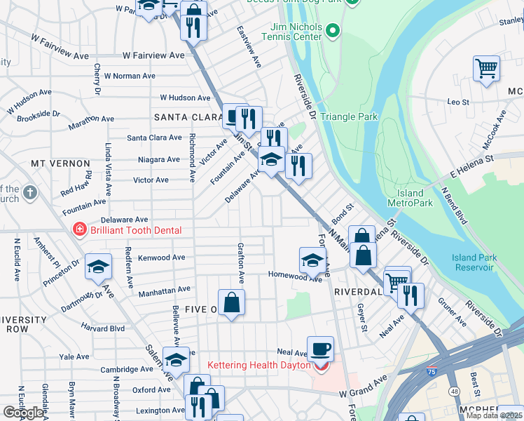 map of restaurants, bars, coffee shops, grocery stores, and more near 607 Rockford Avenue in Dayton