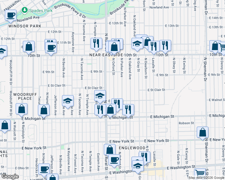 map of restaurants, bars, coffee shops, grocery stores, and more near 621 North Oxford Street in Indianapolis
