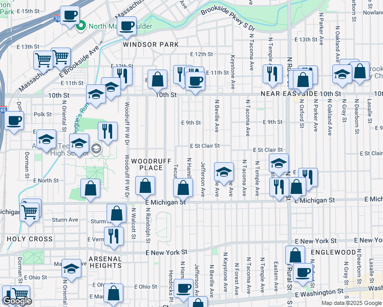 map of restaurants, bars, coffee shops, grocery stores, and more near 620 Jefferson Avenue in Indianapolis