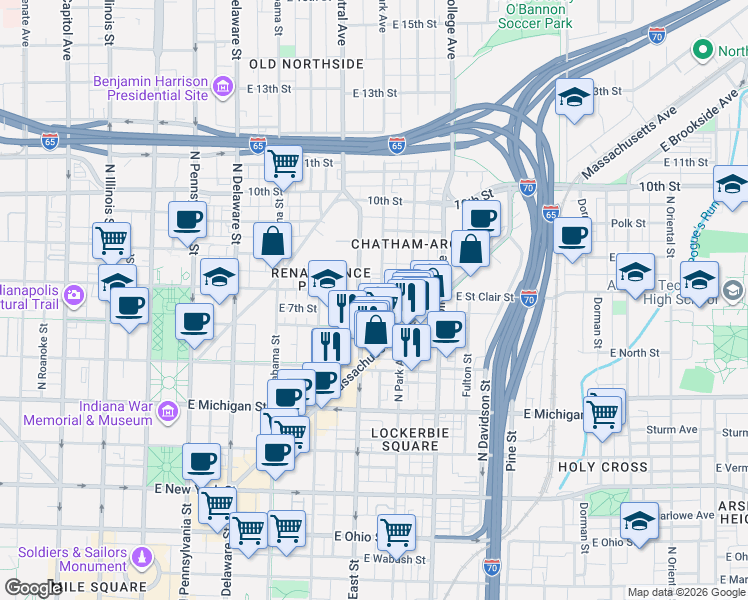 map of restaurants, bars, coffee shops, grocery stores, and more near 721 North East Street in Indianapolis