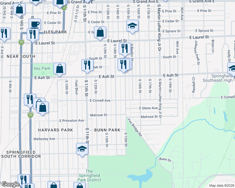 map of restaurants, bars, coffee shops, grocery stores, and more near 2173 South 14th Street in Springfield