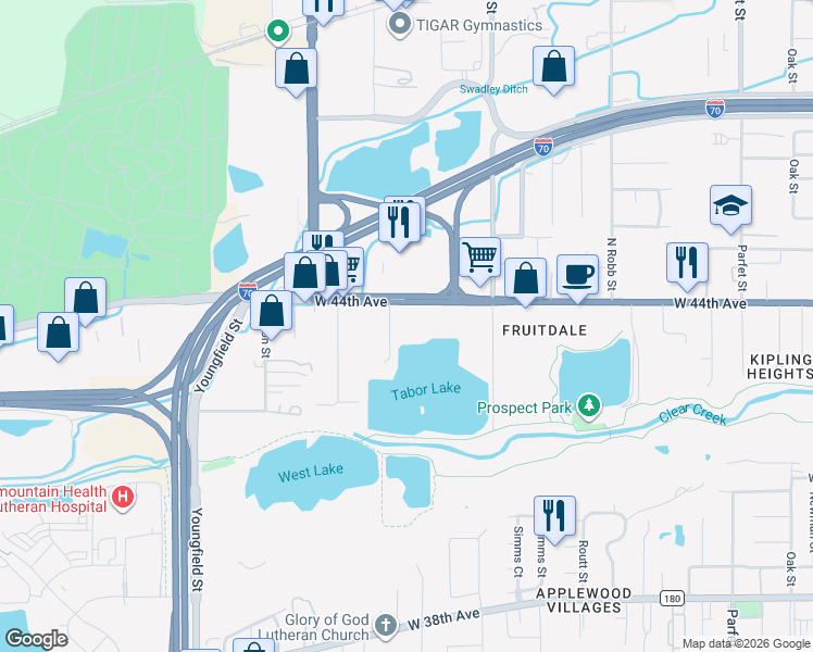 map of restaurants, bars, coffee shops, grocery stores, and more near 12150 West 44th Avenue in Wheat Ridge