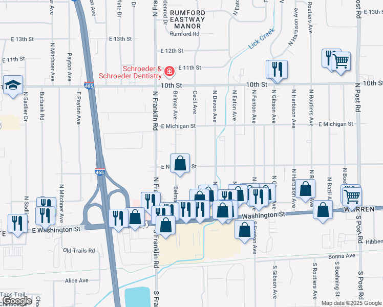 map of restaurants, bars, coffee shops, grocery stores, and more near 332 Cecil Avenue in Indianapolis