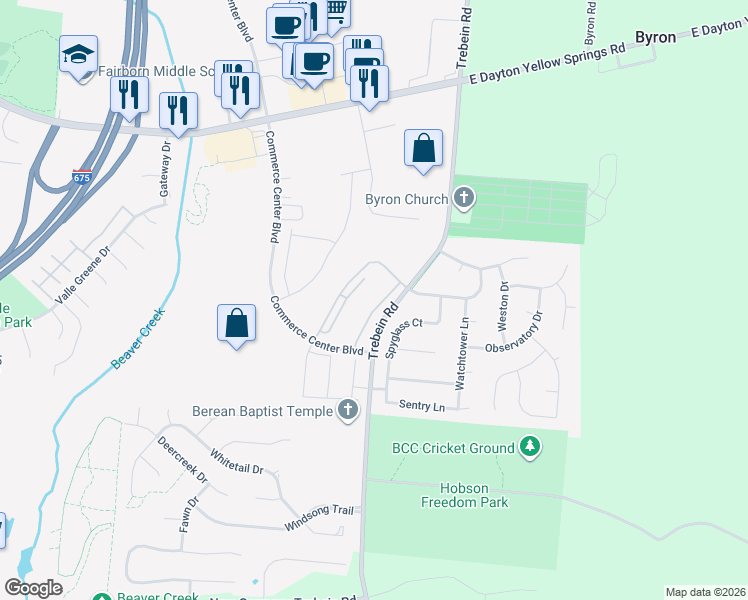 map of restaurants, bars, coffee shops, grocery stores, and more near 2295 Pinnacle Court in Fairborn