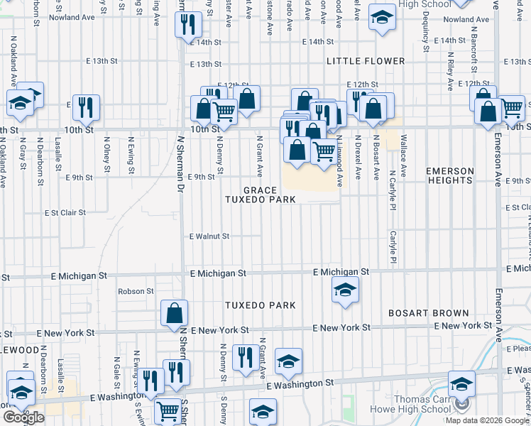 map of restaurants, bars, coffee shops, grocery stores, and more near 801 North Grant Avenue in Indianapolis