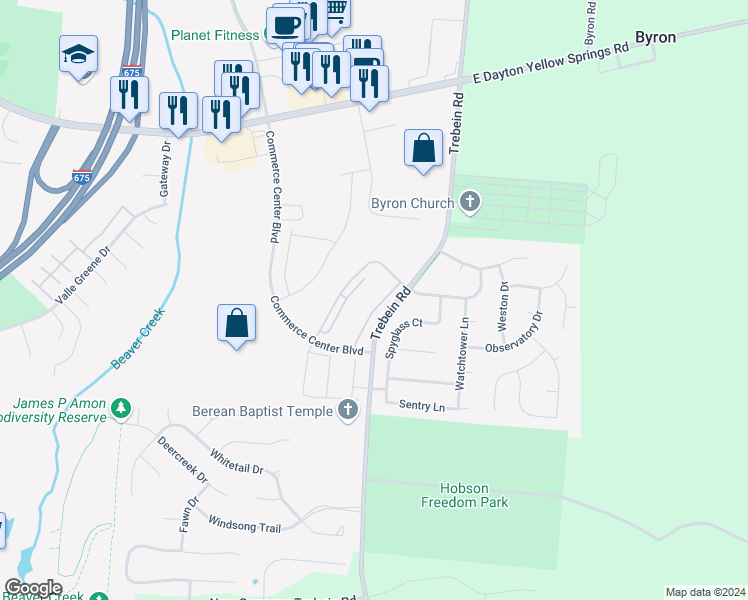 map of restaurants, bars, coffee shops, grocery stores, and more near 2295 Pinnacle Court in Fairborn