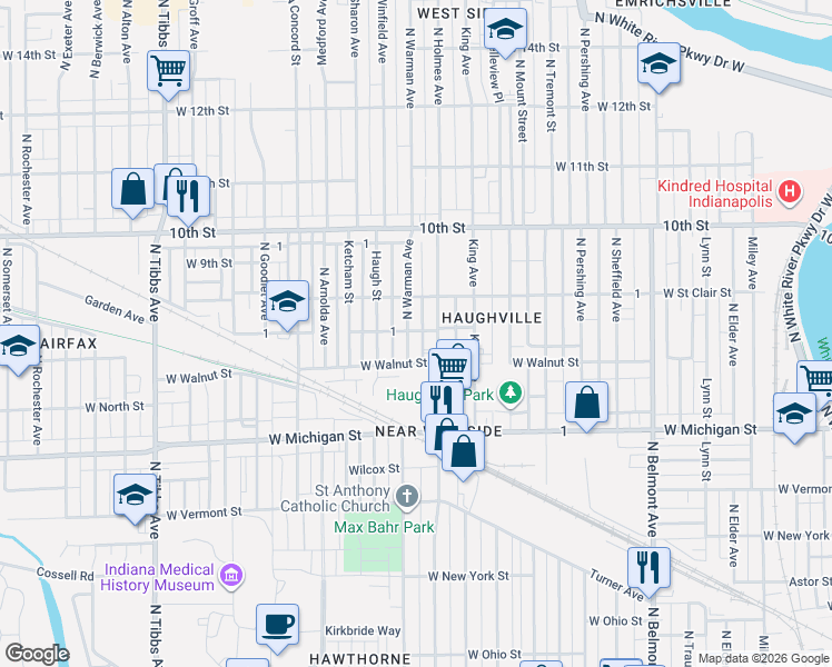 map of restaurants, bars, coffee shops, grocery stores, and more near 716 North Warman Avenue in Indianapolis