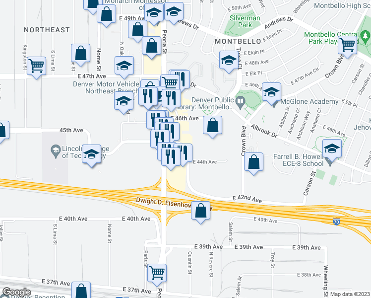 map of restaurants, bars, coffee shops, grocery stores, and more near East 45th Avenue in Denver