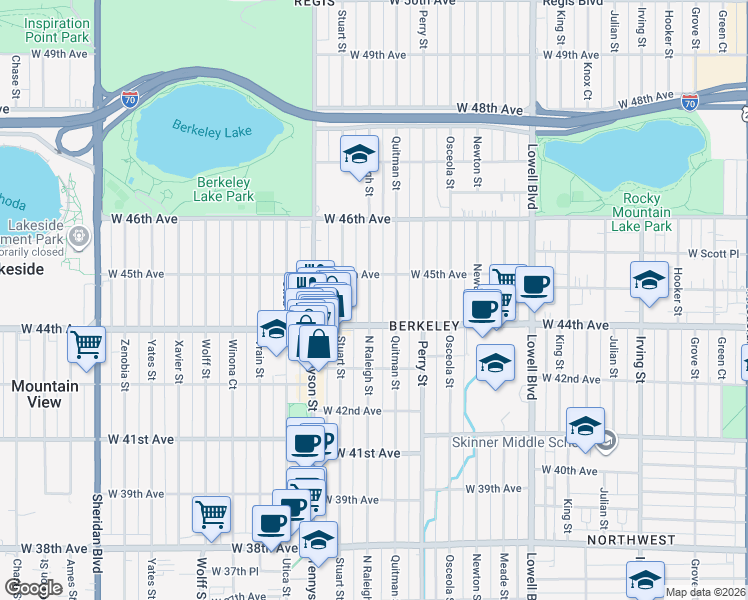 map of restaurants, bars, coffee shops, grocery stores, and more near 4421 Raleigh Street in Denver