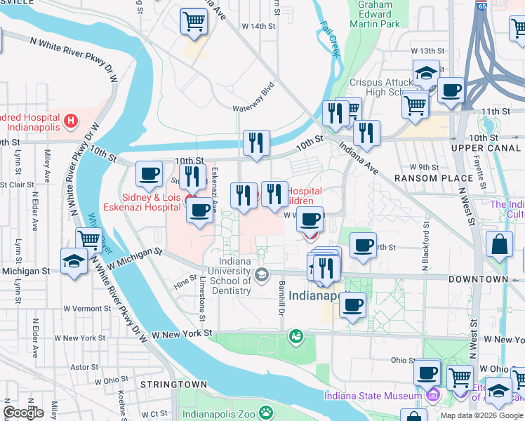 map of restaurants, bars, coffee shops, grocery stores, and more near 705 Riley Hospital Drive in Indianapolis
