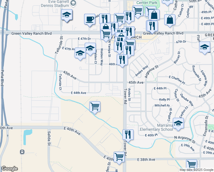 map of restaurants, bars, coffee shops, grocery stores, and more near 18280 East 45th Avenue in Denver