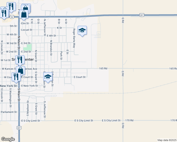 map of restaurants, bars, coffee shops, grocery stores, and more near 109-113 Womer Drive in Smith Center