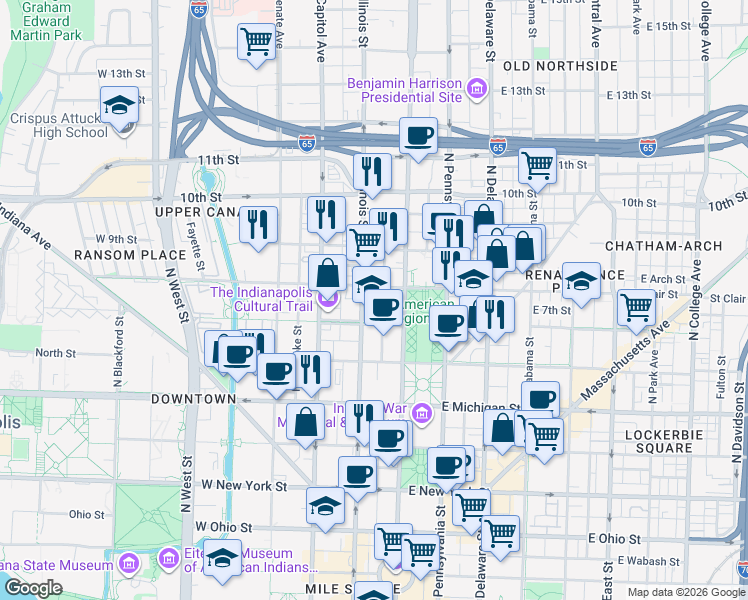 map of restaurants, bars, coffee shops, grocery stores, and more near 710 North Meridian Street in Indianapolis