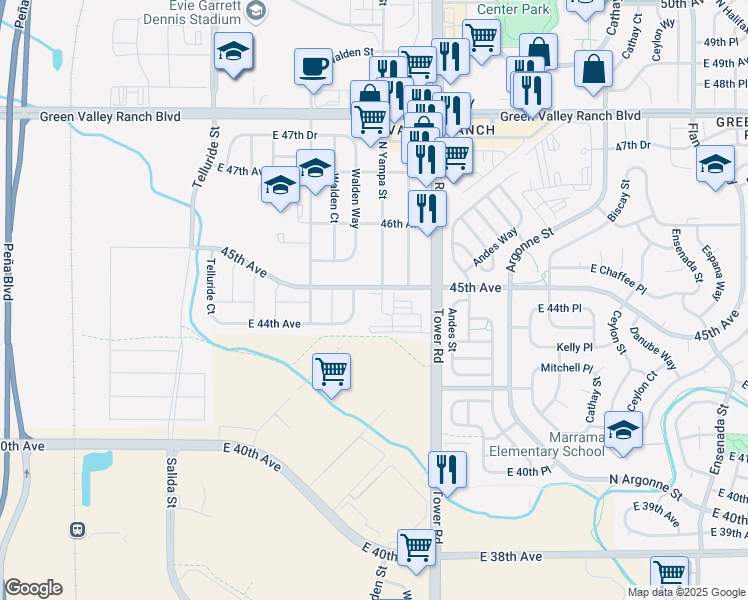 map of restaurants, bars, coffee shops, grocery stores, and more near 18280 East 45th Avenue in Denver