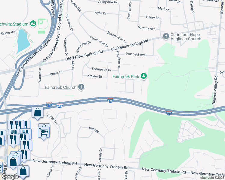 map of restaurants, bars, coffee shops, grocery stores, and more near 333 Parrott Court in Fairborn