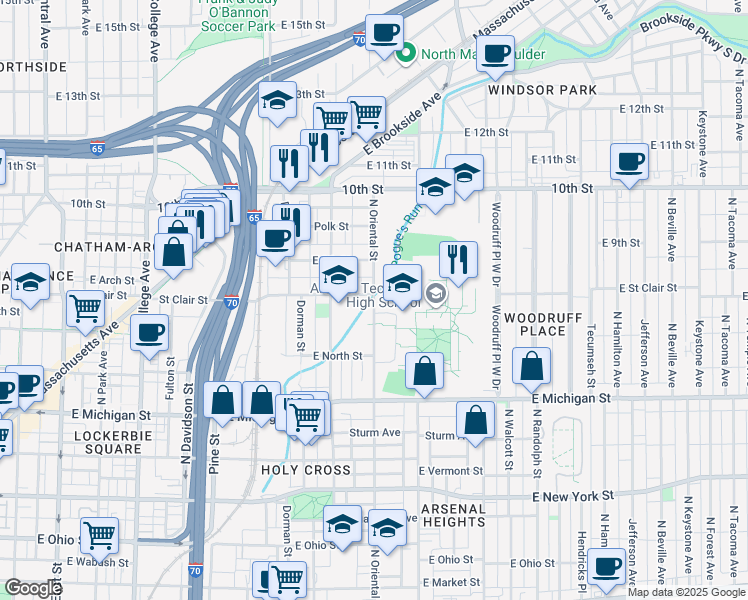 map of restaurants, bars, coffee shops, grocery stores, and more near 725 North Oriental Street in Indianapolis