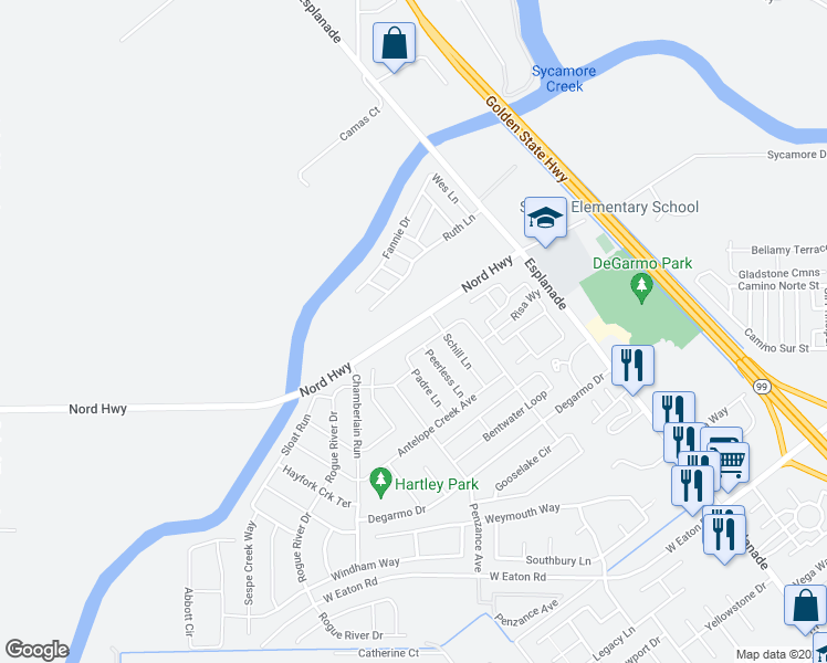 map of restaurants, bars, coffee shops, grocery stores, and more near 4117 Nord Highway in Chico