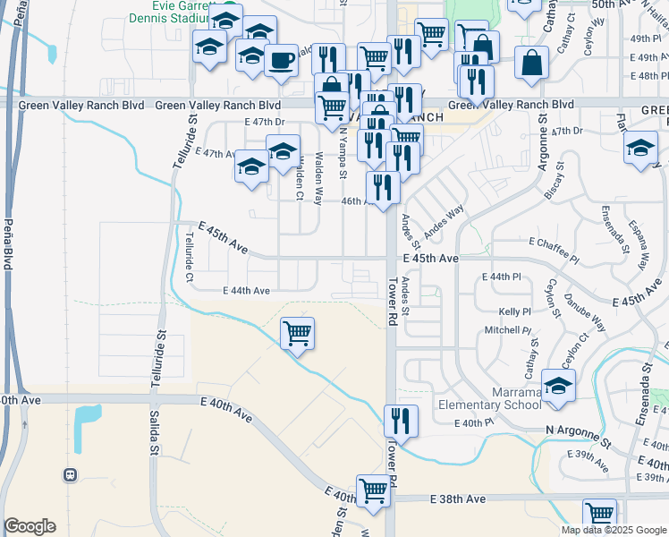 map of restaurants, bars, coffee shops, grocery stores, and more near 4448 Walden Way in Denver