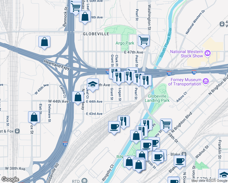 map of restaurants, bars, coffee shops, grocery stores, and more near 4422 Grant Street in Denver