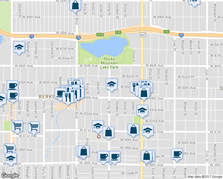 map of restaurants, bars, coffee shops, grocery stores, and more near 4415 Irving Street in Denver