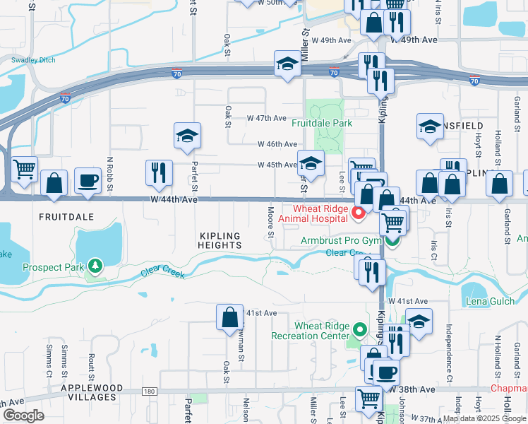map of restaurants, bars, coffee shops, grocery stores, and more near 4321 Moore Street in Wheat Ridge