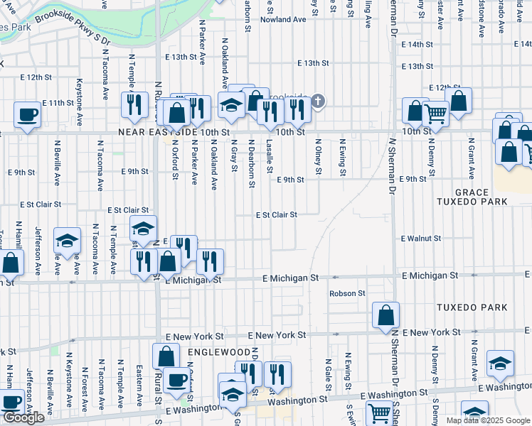map of restaurants, bars, coffee shops, grocery stores, and more near 627 North Dearborn Street in Indianapolis