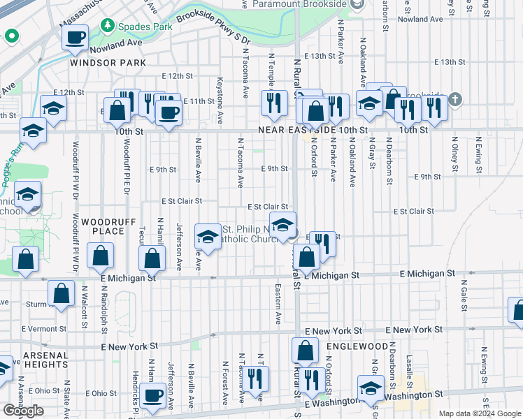 map of restaurants, bars, coffee shops, grocery stores, and more near 628 Eastern Avenue in Indianapolis