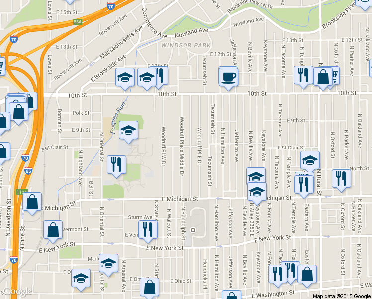 map of restaurants, bars, coffee shops, grocery stores, and more near 696 Woodruff Place Middle Drive in Indianapolis