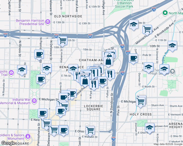 map of restaurants, bars, coffee shops, grocery stores, and more near 726 Massachusetts Avenue in Indianapolis