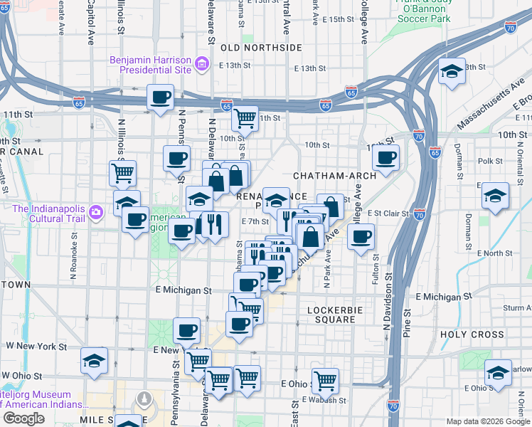 map of restaurants, bars, coffee shops, grocery stores, and more near 356 East 7th Street in Indianapolis