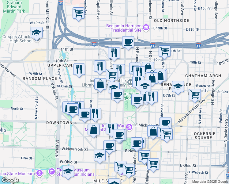 map of restaurants, bars, coffee shops, grocery stores, and more near 710 North Meridian Street in Indianapolis