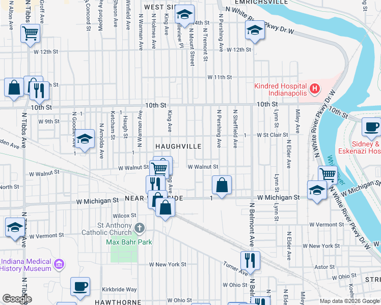 map of restaurants, bars, coffee shops, grocery stores, and more near 2426 West Walnut Street in Indianapolis