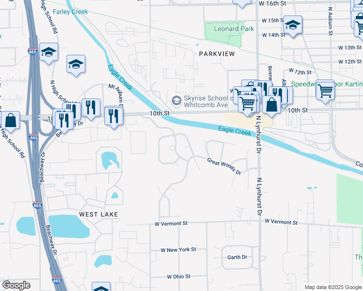 map of restaurants, bars, coffee shops, grocery stores, and more near 5537 Crown Woods Circle in Indianapolis